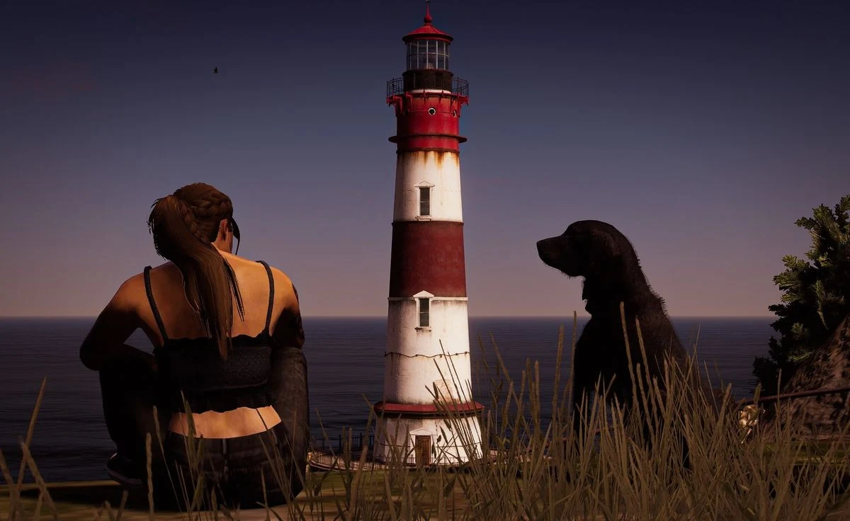 Personnage accompagné d'un chien face à un phare